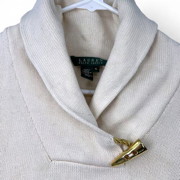RALPH LAUREN | XL | Sweater Knit Cream Shawl Color Pullover Gold Accent Women - Picture 2 of 7
